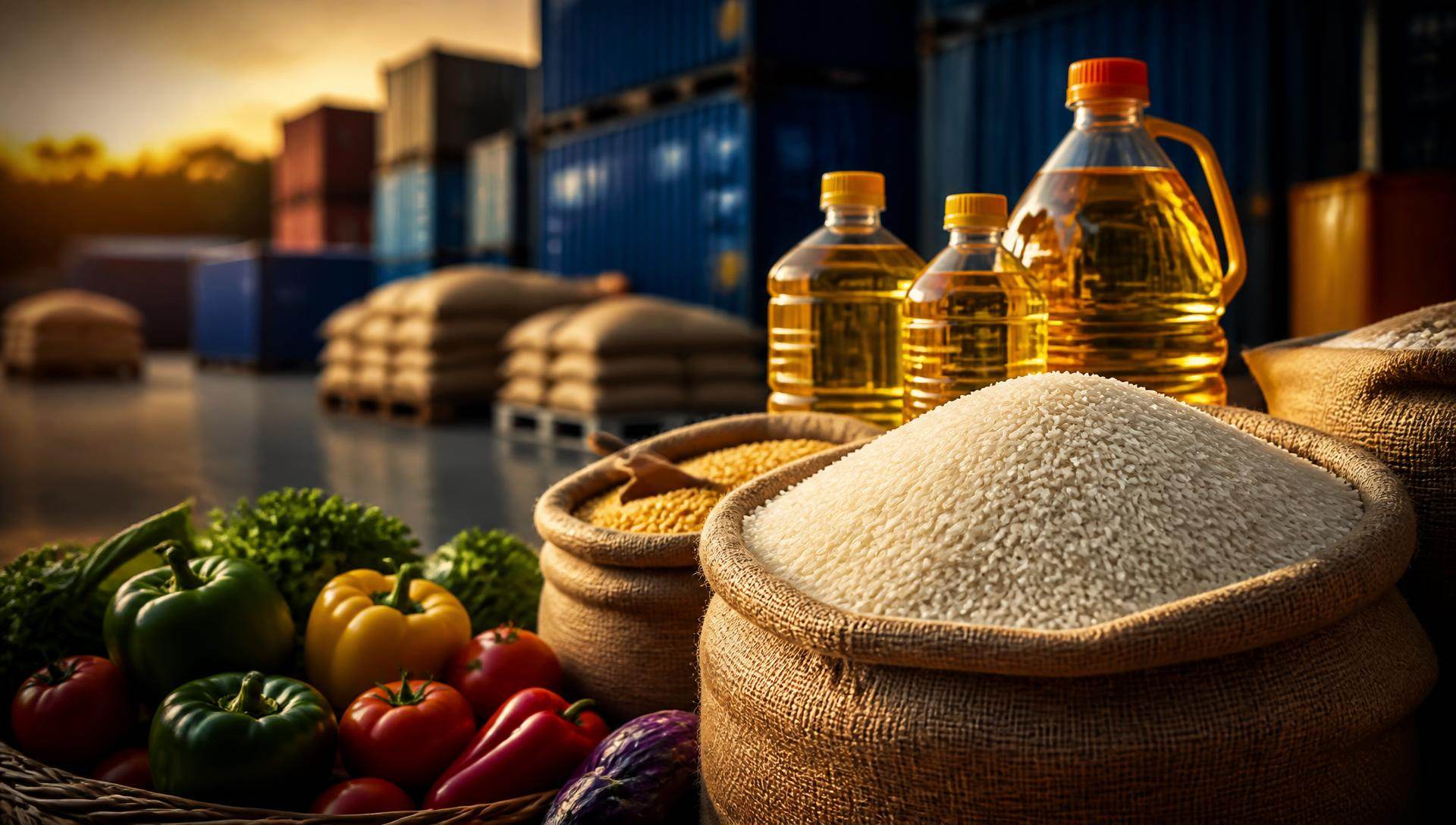 Sacks of grain, cooking oils and packaged food ready for export
